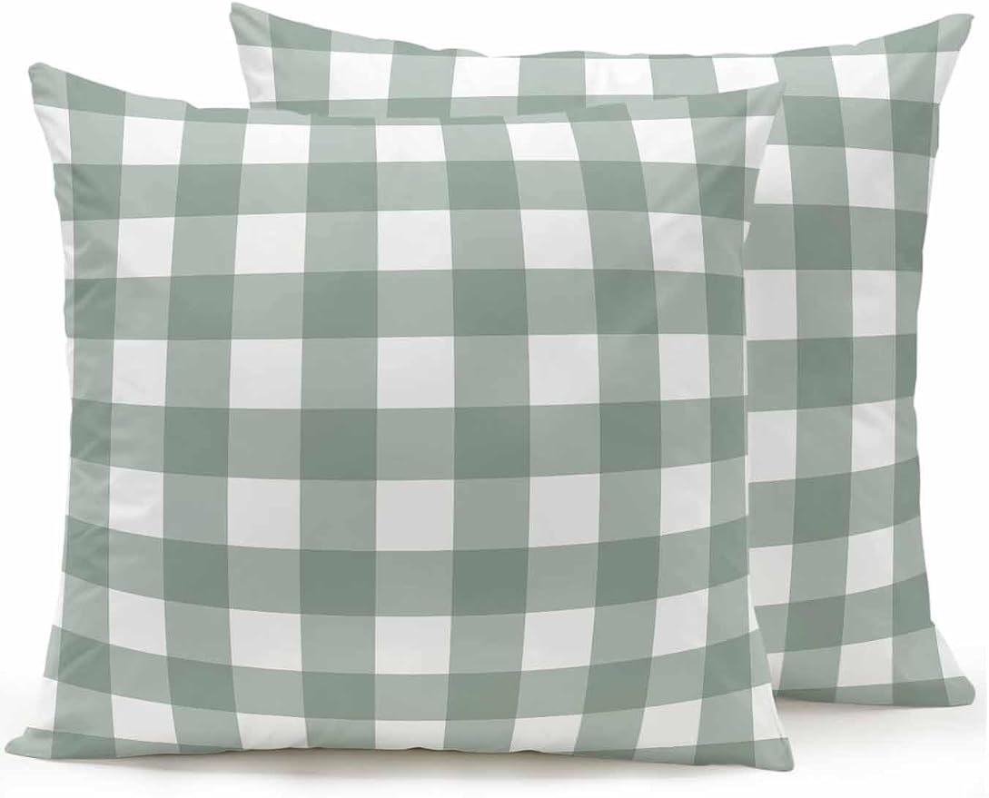 Waterproof Outdoor Pillow Set of 2 Sage Green Buffalo Plaid Decorative Throw Pillows Cover & Insert 16x16 Inch Pillowcase Check Lines Square Pillows for Couch Sofa Bed Patio Furniture Indoor Outdoor
