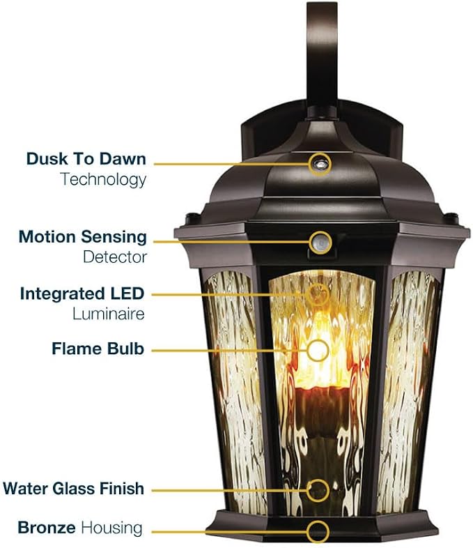 Euri Lighting EFL-130W-MD Flickering Flame Porch Light, Water Glass, with Integrated Security Light (3000K), Motion-Sensor, Dusk-to-Dawn, Oil Rubbed Bronze Housing | Integrated Security Light (3000K), Dusk-to-dawn, Water Glass, Oil Rubbed Bronze Housing