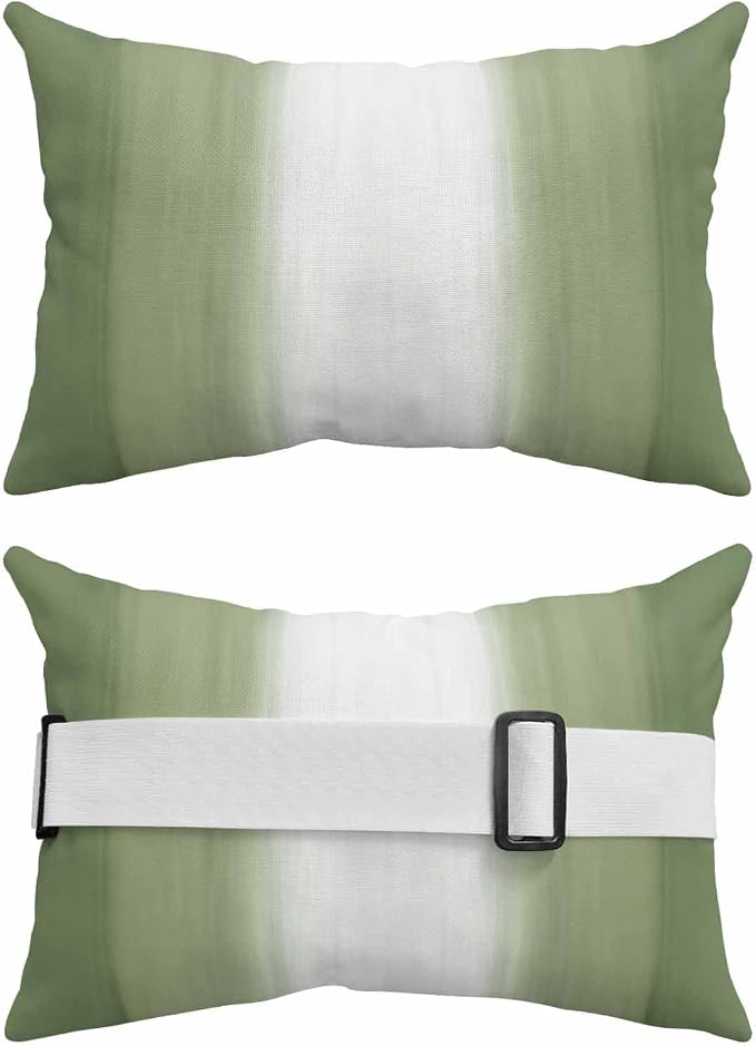 Outdoor Lumbar Pillow Set of 1, Sage Green Striped Waterproof Beach Headrest Pillow with Inserts, Green White Ombre Farmhouse Gradient Recliner Throw Pillows for Patio Furniture, 11 x 16