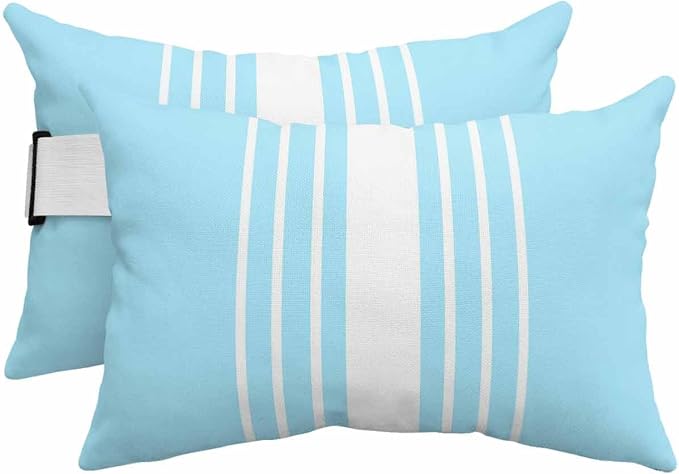 Pack of 2 Outdoor Lumbar Pillow Covers 11x16 Inch, Aqua White Stripe Waterproof Throw Pillow Covers Set, Modern Rustic Vertical Striped Indoor&Outdoor Decorative Cushion Cases for Patio Porch Beach