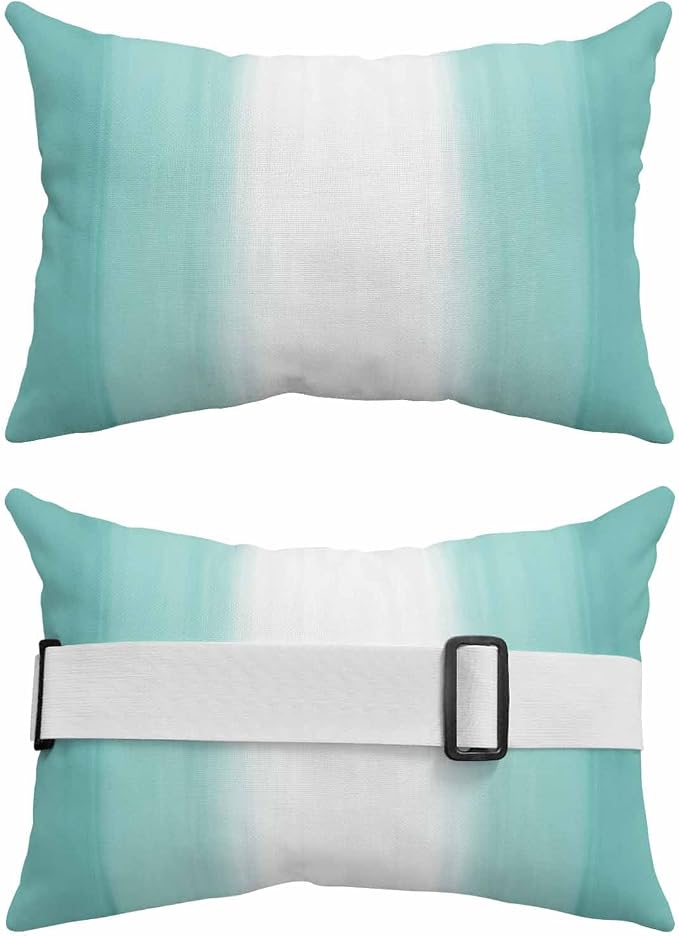 Outdoor Lumbar Pillow Set of 2, Turquoise Ombre Waterproof Beach Headrest Pillow with Inserts, Modern Abstract Art Striped Gradient Recliner Throw Pillows for Patio Furniture, 12 x 20