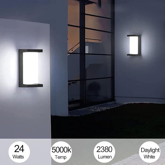 Outdoor Wall Sconce Lights, 24W 5000K Daylight White Aluminum Exterior Light Fixture Wall Mount Ip65 Waterproof, Led Porch Light for Garage Walkway Hallway Backyard Garden.