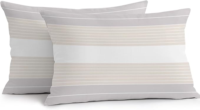 Gray Beige Stripe Outdoor Pillow Covers Waterproof, All Weather Cushion Case Set of 2, Modern Art Horizontal Striped Lumbar Pillowcase for Sofa Couch Bed Decor Patio Furniture 20"x12"