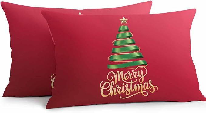 Red Christmas Tree Lumbar Pillow Covers 12 x 20 Inches, Green Xmas Tree with Star Waterproof Throw Pillow Cover Set of 2, Christmas Red Decorative Rectangle Cushion Covers for Patio/Couch