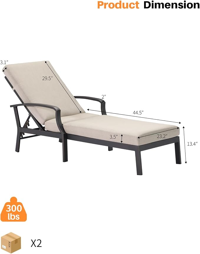 2 Pieces Patio Chaise Lounge Chairs, Never Rust Aluminum Outdoor Pool Lounge Chairs with Gray Cushion, 6-Position Adjustable Backrest Outdoor Loungers Pool Chaise Chair for Beach, Gunmetal