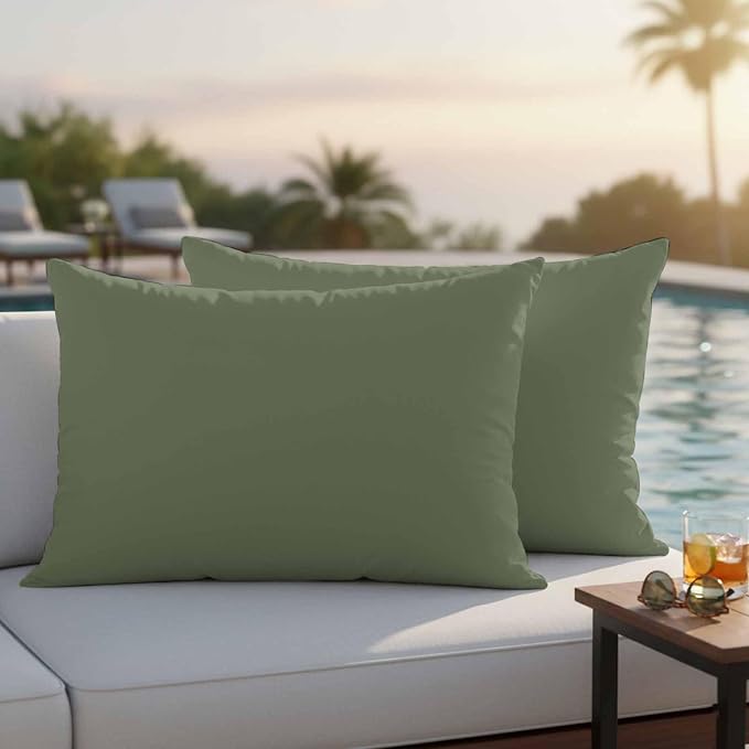 Lumbar Pillow Covers 12 x 20 Inches, Green Solid Color Waterproof Throw Pillow Cover Set of 2, Aesthetics Contemporary Luxury Decorative Rectangle Cushion Covers for Patio/Couch/Garden