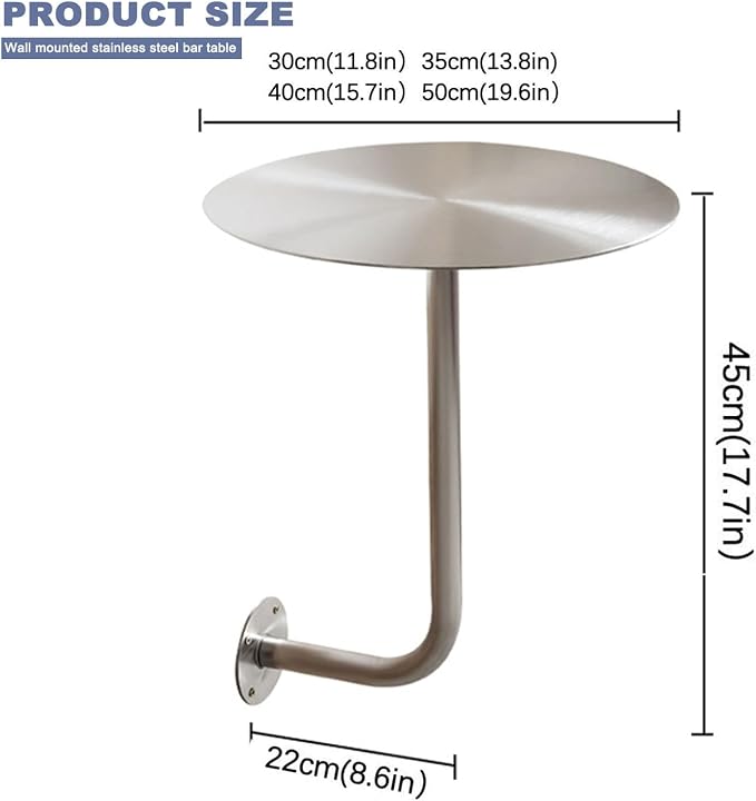 Silver Stainless Steel Round Bistro Table - Wall-Mounted Cocktail Table for Indoor/Outdoor Dining, Compact Design (19.7"x19.7"x17.7") - Perfect for Pubs & Bars