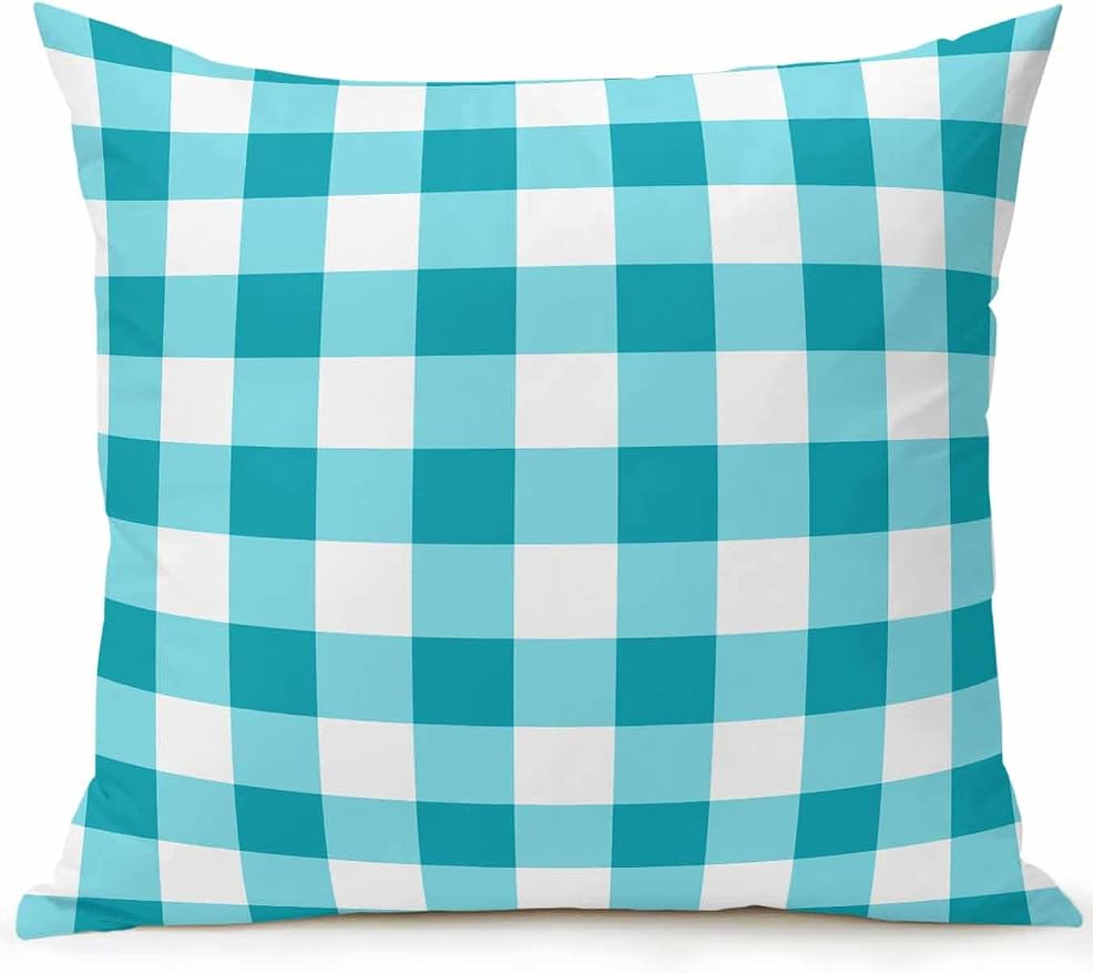 Waterproof Outdoor Pillow 1 Pack Turquoise Buffalo Plaid Decorative Throw Pillows Cover & Insert 16x16 Inch Pillowcase Check Lines Square Pillows for Couch Sofa Bed Patio Furniture Indoor Outdoor