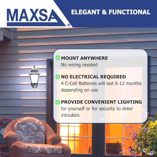 MAXSA 44219-RS Battery-Run Motion-Activated Outdoor Metal Sconce Black | Metal and Glass Battery-Powered No Wiring, 13x8.5x6" Motion Operated, Screw into Wall, Black Cool White LEDs Amazon Exclusive
