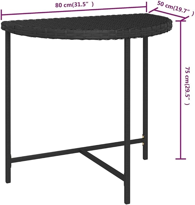 Wicker Half-Moon Patio Table, Half-Round Rattan Bistro Table, Black 31.5"x19.7"x29.5" Poly Rattan, -284