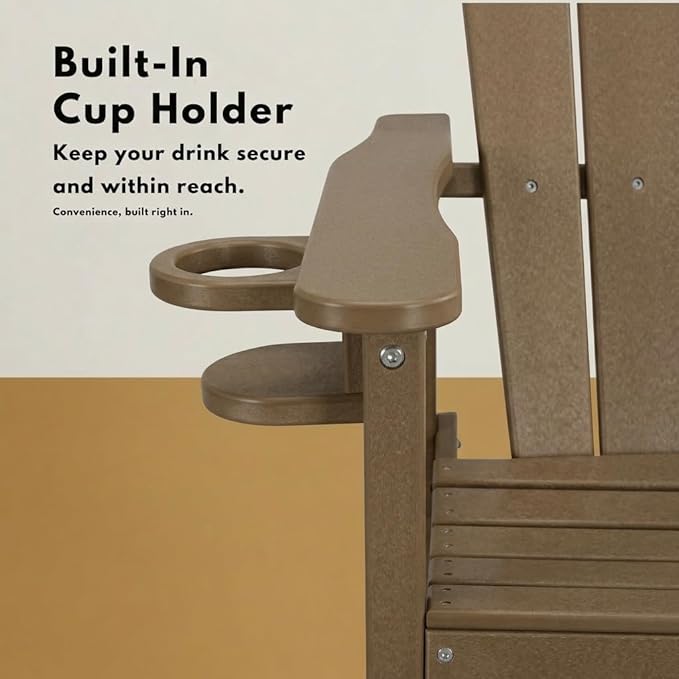 WILLIAMSPACE Patio Bar Chair Bar Stool, Outdoor All Weather HDPE Height Adirondack Chair with Armrests & Cup Holder, 1-Piece Counter Height Chair for Pool, Garden, Kitchen, ONLY 1 Chair (Brown)