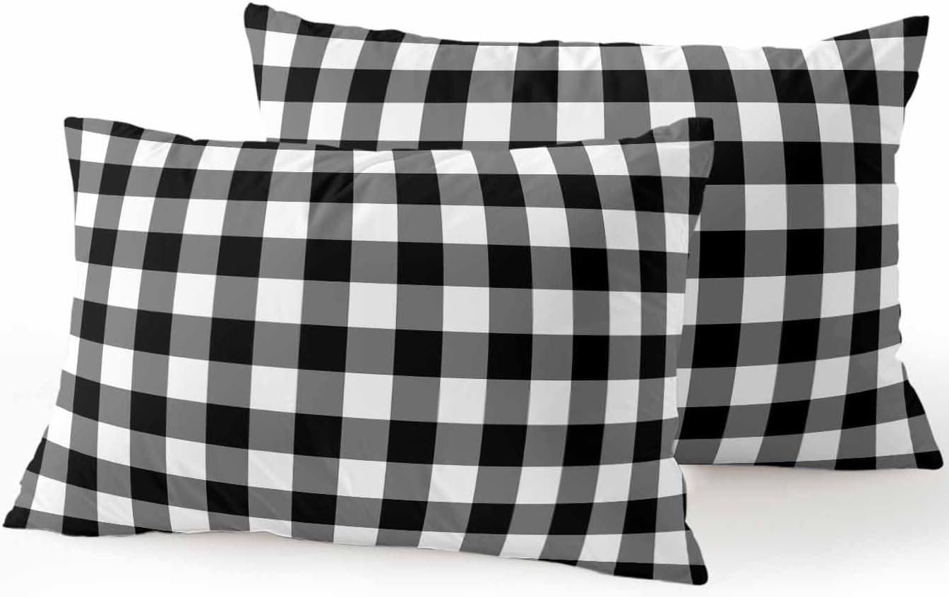 Waterproof Outdoor Pillow Set of 2 Black Buffalo Plaid Decorative Throw Pillows Cover & Insert 20x12 Inch Lumbar Pillowcase Check Lines Pillows for Couch Sofa Bed Patio Furniture Indoor Outdoor