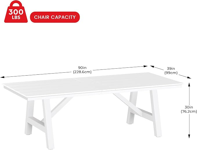 Costaelm Rectangle Patio Table, 8-Person Backyard Table 90" HDPE Dining Table with Umbrella Hole and Metal Frame for Outside, Garden, Poolside, Deck, Porch, Balcony, White