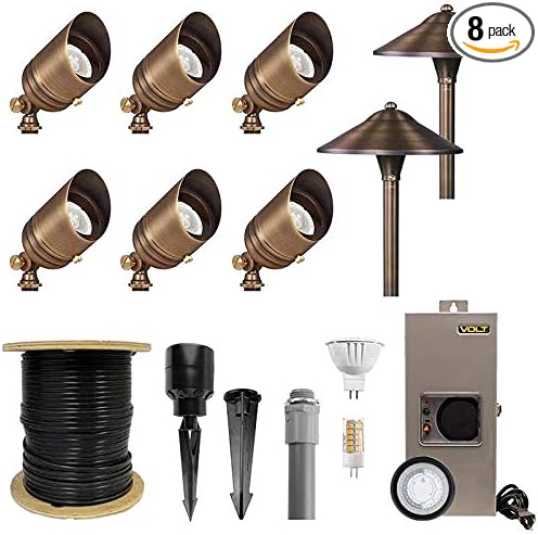 VOLT 12V LED Landscape Lighting Kit (6 Spotlights, 2 Path Lights), Bronze | Solid Brass, 150W Low Voltage Transformer, Ideal for House Yard Outdoor Pathway Walkway Garden Driveway or Patio