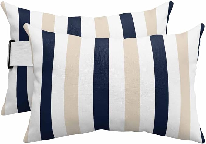 Pack of 4 Outdoor Lumbar Pillow Covers 12x20 Inch, Beige Navy Blue Striped Waterproof Throw Pillow Covers Set, Farmhouse Stripe Art Indoor&Outdoor Decorative Cushion Cases for Patio Porch Beach