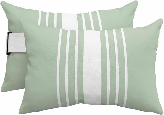 Pack of 4 Outdoor Lumbar Pillow Covers 12x20 Inch, Sage Green White Stripe Waterproof Throw Pillow Covers Set, Modern Rustic Vertical Striped Indoor&Outdoor Cushion Cases for Patio Porch Beach