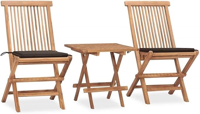 BOWERY HILL Contemporary 3-Piece Patio Dining Set, Solid Teak Wood in Polished Teak/Taupe Finish, Foldable Square Table with 2 Cushioned Chairs, Compact Outdoor Furniture for Garden or Small Spaces