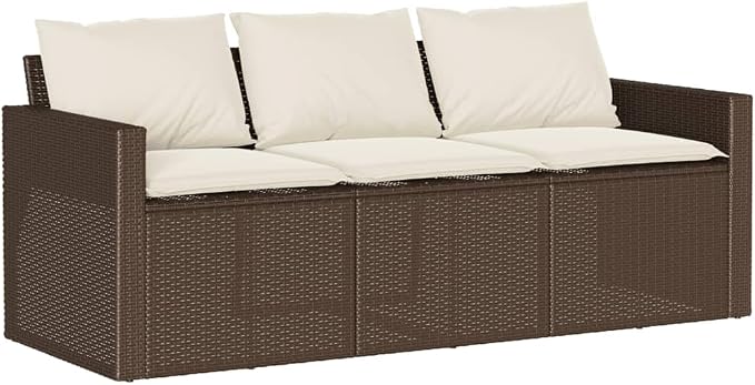2 Piece Patio Dining Set with Cushions Brown Poly Rattan Outdoor Table and 3-Seater Sofa Set for Garden Backyard Patio, Tempered Glass Powder-Coated Steel Frame, Removable Washable Cushion Covers