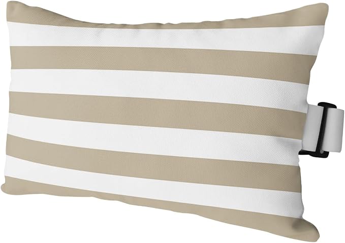 T&H XHome Outdoor Pillow for Chaise Lounge Chair, Khaki and White Stripe Waterproof Headrest Pillow Lumbar Pillows with Adjustable Elastic Strap for Beach, Poolside, Patio, Office (1 Pack)