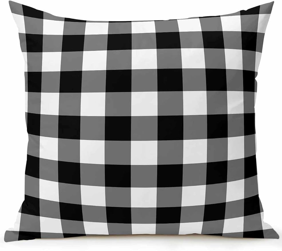 Waterproof Outdoor Pillow 1 Pack Black Buffalo Plaid Decorative Throw Pillows Cover & Insert 18x18 Inch Pillowcase Check Lines Square Pillows for Couch Sofa Bed Patio Furniture Indoor Outdoor