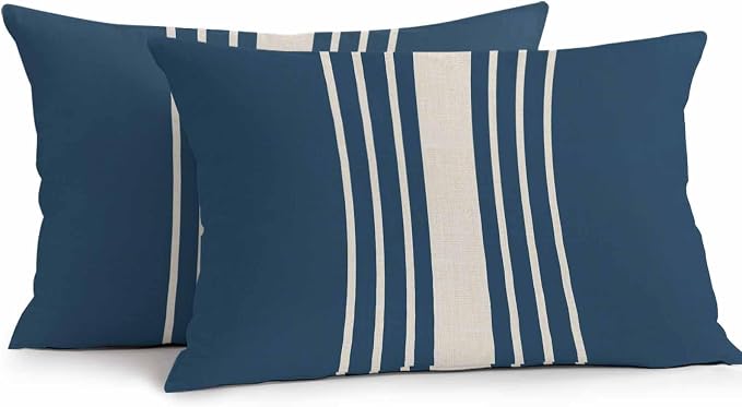 Lumbar Pillow Covers 20x12 Inch Set of 2, Navy Blue Beige Striped Waterproof Outdoor Cushion Covers, Modern Farmhouse Retro Lines Decorative Pillowcases for Couch, Sofa, Bed, Garden, Patio