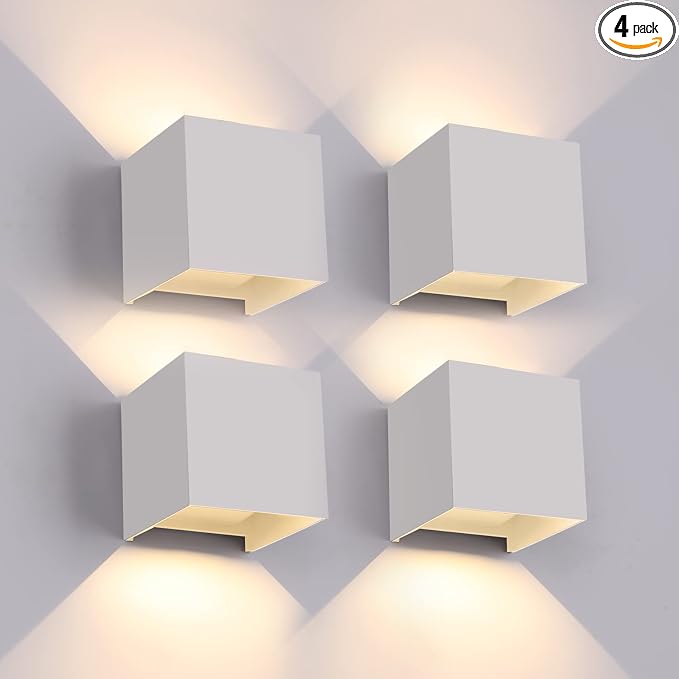 Mille Lucciole 12W 4Pack Outdoor Wall Lights Exterior/Interior,LED White Outdoor Wall Sconces Light Fixtures Modern,IP65 Waterproof Square Aluminum Wall Lamps, Up and Down Lights 3000K Warm Lights