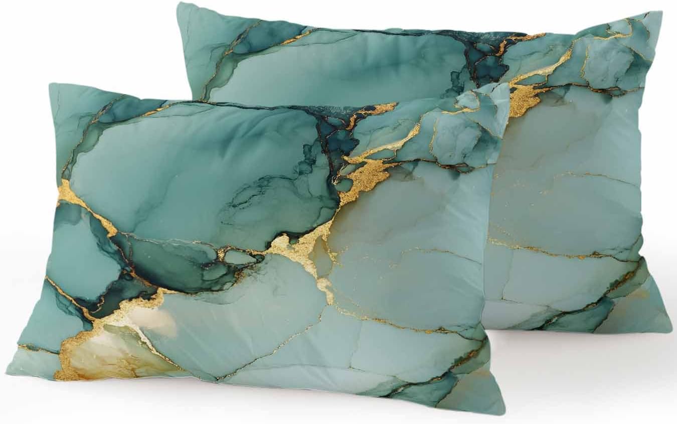 Outdoor Throw Pillow Set of 2, Teal Ombre Marble Waterproof Pillow with Insert Included, Modern Ink Painting Abstract Decorative Accent Cushion Lumbar Pillows for Patio Porch, 12 x 20 in