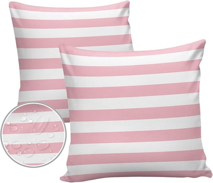 Outdoor Pillows 20x20 Waterproof Outdoor Pillow Covers Pink White Stripes Polyester Throw Pillow Covers Garden Cushion Decorative Case for Patio Couch Decoration Set of 2 Valentine's Day