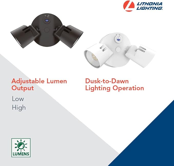 Lithonia Lighting HomeGuard 2-Light LED Outdoor Flood Lights, Dusk to Dawn | Dark Bronze Outdoor LED Lights, Adjustable Lumens, 4000K Cool White, Round Heads (HGX LED 2RH ALO 40K 120 PE DDB)