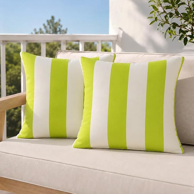Pack of 2 Outdoor Waterproof Striped Pillow Covers Decorative Throw Covers | 20x20,Green Yellow Garden Cushion Covers, Farmhouse Pillowcases for Couch Sofa Patio Tent Balcony