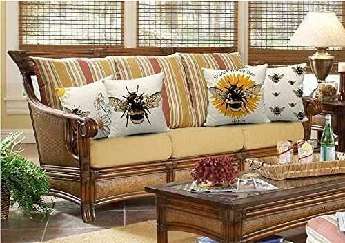 Outdoor Bee Pillow Covers Waterproof Furniture Decor Patio Garden Bee Decorations for Home Outside Chair Cushions Throw Pillows 18x18 Inch Set of 4 Decorative for Couch Sofa ﻿