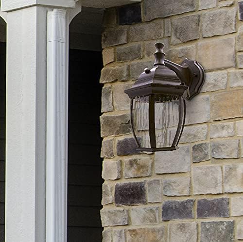 Maxxima LED Brown Outdoor Wall Light, 580 Lumens 3000K, Dusk to Dawn Sensor | Clear Water Glass, Warm White, Photocell Sensor, Exterior Patio or Porch Sconce Fixture
