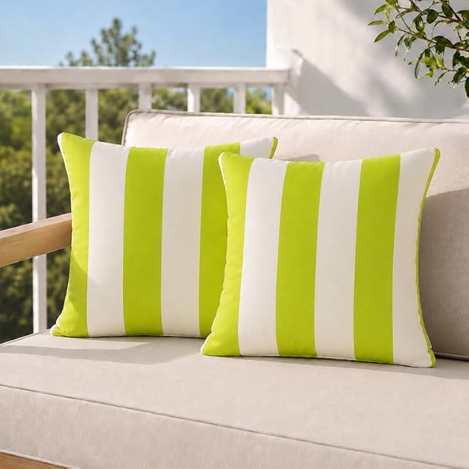 Pack of 2 Outdoor Waterproof Striped Pillow Covers Decorative Throw Covers | 18x18,Green Yellow Garden Cushion Covers, Farmhouse Pillowcases for Couch Sofa Patio Tent Balcony