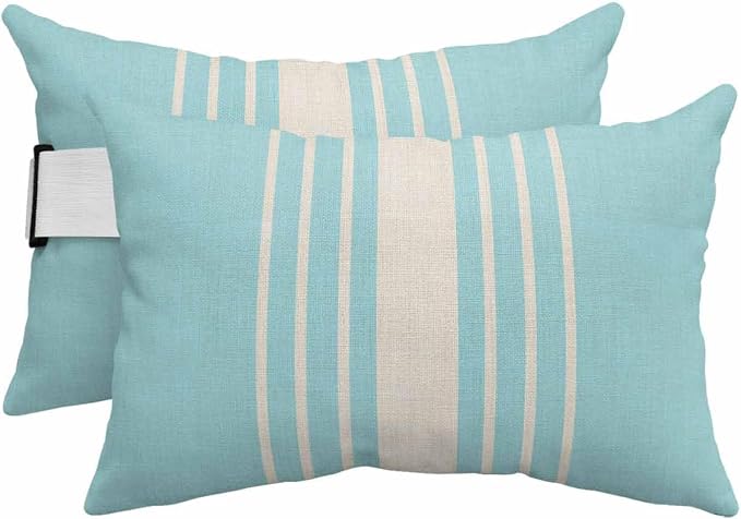 Pack of 4 Outdoor Lumbar Pillow Covers 11x16 Inch, Aqua Beige Striped Waterproof Throw Pillow Covers Set, Modern Farmhouse Retro Lines Indoor&Outdoor Decorative Cushion Cases for Patio Porch Beach