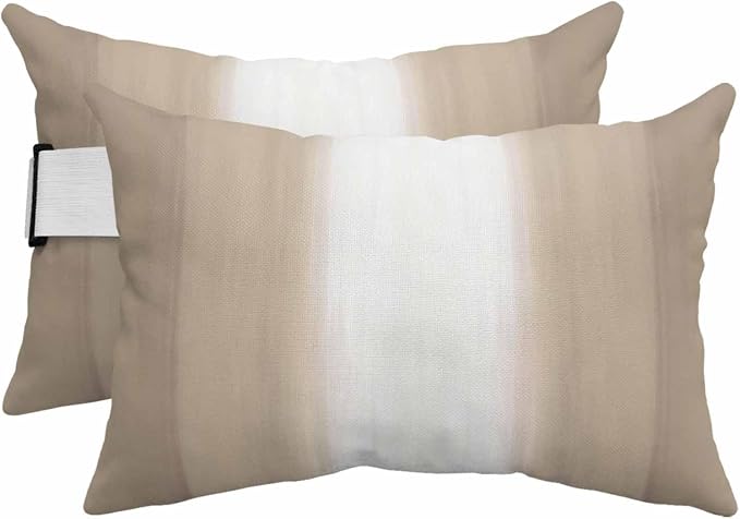 Outdoor Lumbar Pillow Set of 2, Beige Ombre Striped Waterproof Beach Headrest Pillow with Inserts, Beige Gradient Farmhouse Abstract Art Recliner Throw Pillows for Patio Furniture, 12 x 20