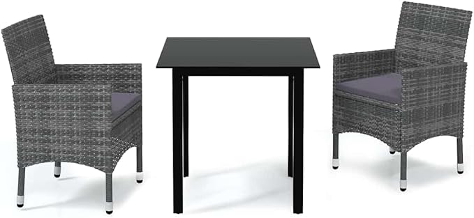 3 Piece Outdoor Dining Set Grey PE Rattan Square Bistro Table and 2 Chairs with Cushions for Patio Balcony Garden Space Saving Furniture Set for 2 People