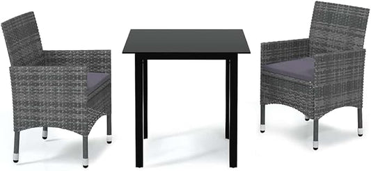 3 Piece Outdoor Dining Set Grey PE Rattan Square Bistro Table and 2 Chairs with Cushions for Patio Balcony Garden Space Saving Furniture Set for 2 People