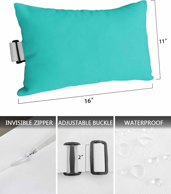 DecorLovee Turquoise Outdoor Recliner Pillows for Head, Modern Pure Turquoise Waterproof Chair Pillow with Elastic Stripe, Farmhouse Chaise Lounge Headrest Pillow for Patio/Beach/Pool 2Pack, 11"x16"