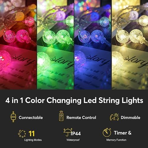 RaThun 116ft Color Changing String Lights, 200 LED Multicolor & Warm White Crystal Globe Lights with Remote, 11 Modes, IP44 Waterproof, Plug in Fairy Lights for Indoor Outdoor Christmas Party Garden
