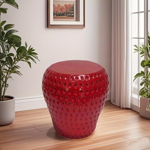 Strawberry Fruit Stool, 13.4" Oversized Resin Side Table, Indoor Outdoor Plant Stand, Waterproof Garden Decoration, Multi-Purpose Kids Seat & Patio Furniture (Strawberry Red)