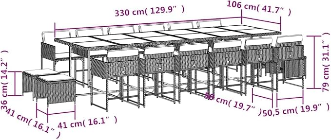 17-Piece Outdoor Rattan Dining Set with Cushions, Large Patio Furniture Set for 16 People, Table, 12 Chairs, 4 Stools, Tempered Glass Top, Backyard Garden Terrace, Black and Cream