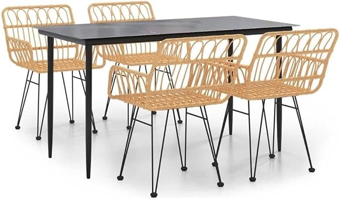 Bowery Hill 5-Piece Steel Patio Dining Set, Black Finish, Glass Table and Poly Rattan Chairs, Durable Outdoor Garden Furniture, Comfortable Seating, Modern Style for Backyard, Balcony, or Family Meals