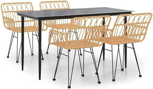 Bowery Hill 5-Piece Steel Patio Dining Set, Black Finish, Glass Table and Poly Rattan Chairs, Durable Outdoor Garden Furniture, Comfortable Seating, Modern Style for Backyard, Balcony, or Family Meals