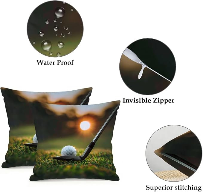16x16 Inch Outdoor Pillow Covers Set of 2 Waterproof Throw Pillow Covers Decorative Couch Cushion Covers Sports Golf Theme Square Pillowcases Protectors for Patio Garden Sofa