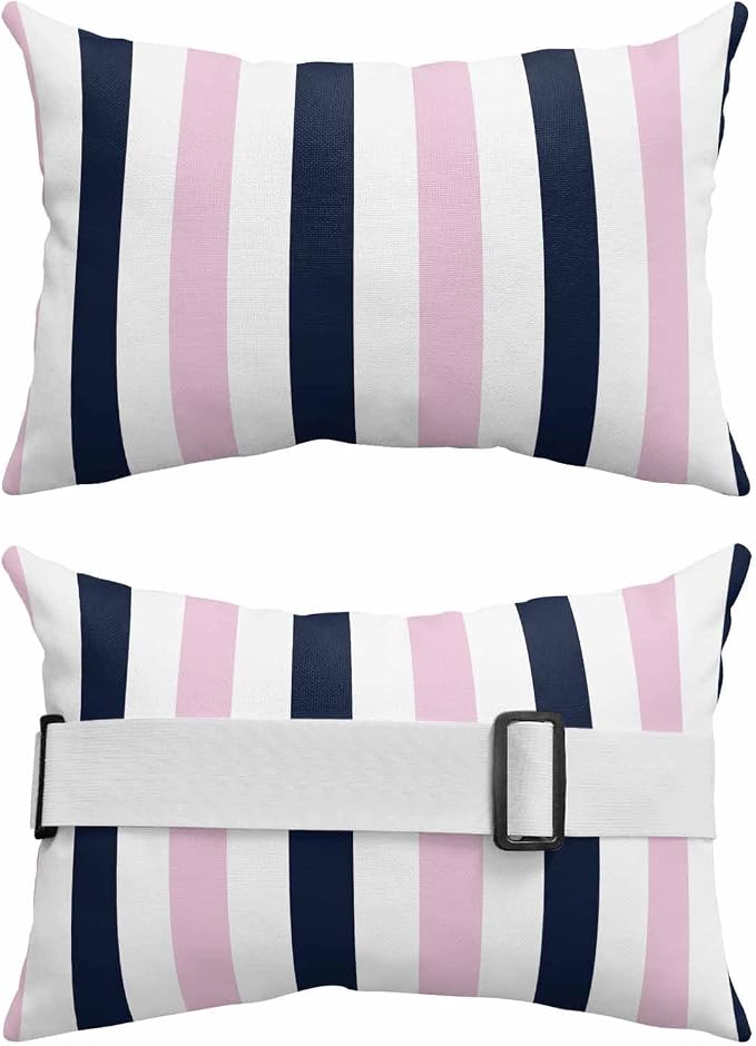 Pack of 4 Outdoor Lumbar Pillow Covers 12x20 Inch, Pink Navy Blue Striped Waterproof Throw Pillow Covers Set, Farmhouse Stripe Art Indoor&Outdoor Decorative Cushion Cases for Patio Porch Beach