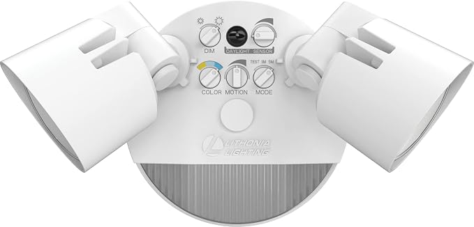 Lithonia Lighting HomeGuard 2-Light LED Outdoor Flood Lights, Motion Sensor Outdoor Lights with Dusk to Dawn, Adjustable Lumens and Color, Round Heads, White (HGX LED 2RH ALO SWW2 120 PIR WH M2)