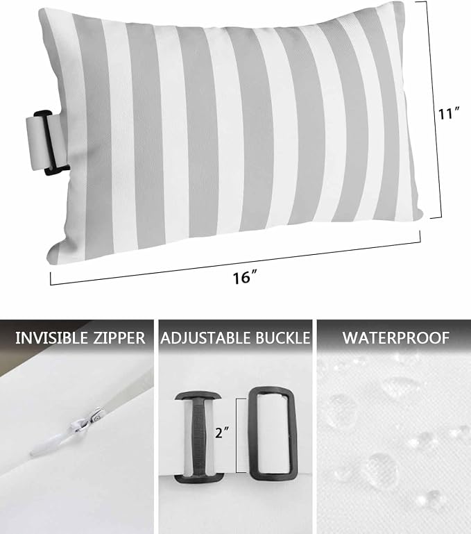 DecorLovee Grey Striped Outdoor Recliner Pillows for Head, Farmhouse Waterproof Chair Pillow with Elastic Stripe, Gray White Stripes Chaise Lounge Headrest Pillow for Patio/Beach/Pool 1Pack, 11"x16"