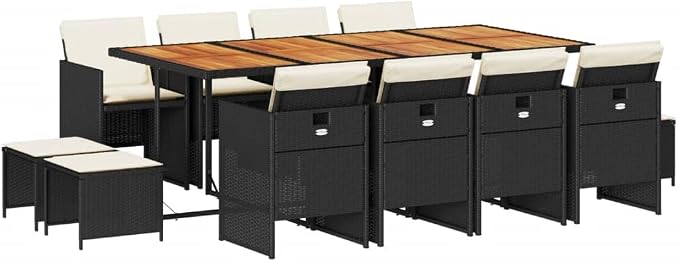 13 Piece Patio Dining Set with Cushions Black Poly Rattan Outdoor Furniture Table and 8 Chairs with Foldable Backrest for Garden Backyard Deck Entertaining Folding Design Removable Cover Acacia Wood