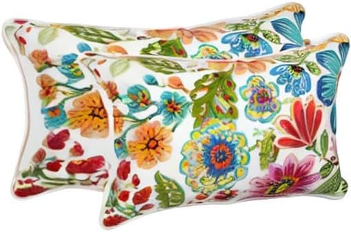 Pillow Perfect Bright Floral Indoor/Outdoor Throw Pillows, 2 Count, Lumbar - 11.5" x 18.5", Blue/Purple Gregoire
