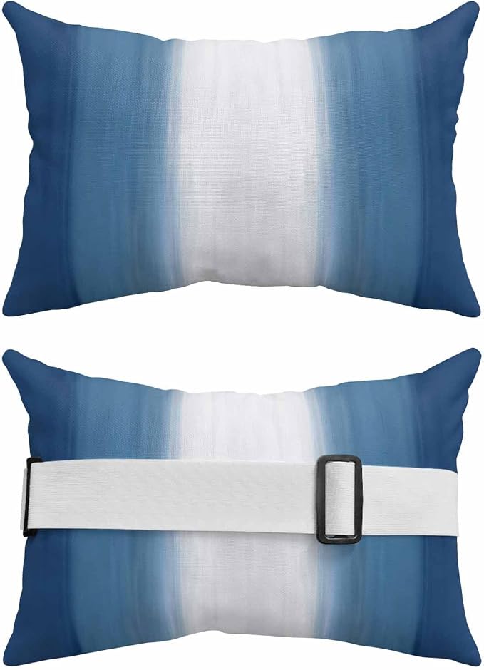 Outdoor Lumbar Pillow Set of 2, Navy Blue Striped Waterproof Beach Headrest Pillow with Inserts, Blue White Ombre Farmhouse Gradient Recliner Throw Pillows for Patio Furniture, 11 x 16